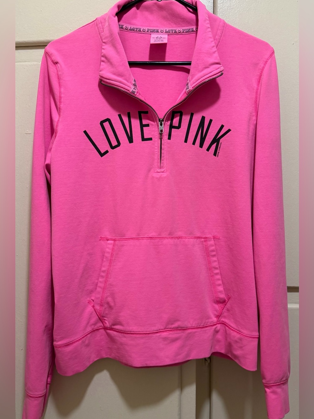 PINK Victoria's Secret 1/4 zip ‘LOVE PINK' Pullover - Bright Pink. Large